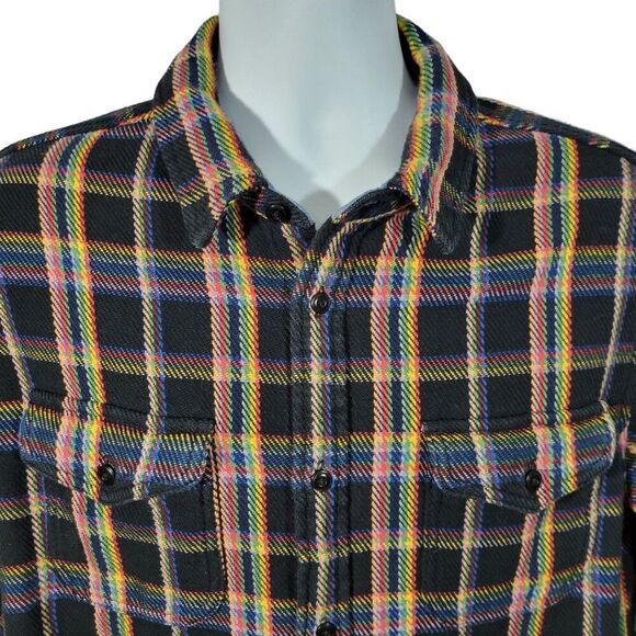 Outerknown Blanket Shirt Mens Large Black Rainbow Plaid Organic Cotton Shacket - Picture 3 of 9